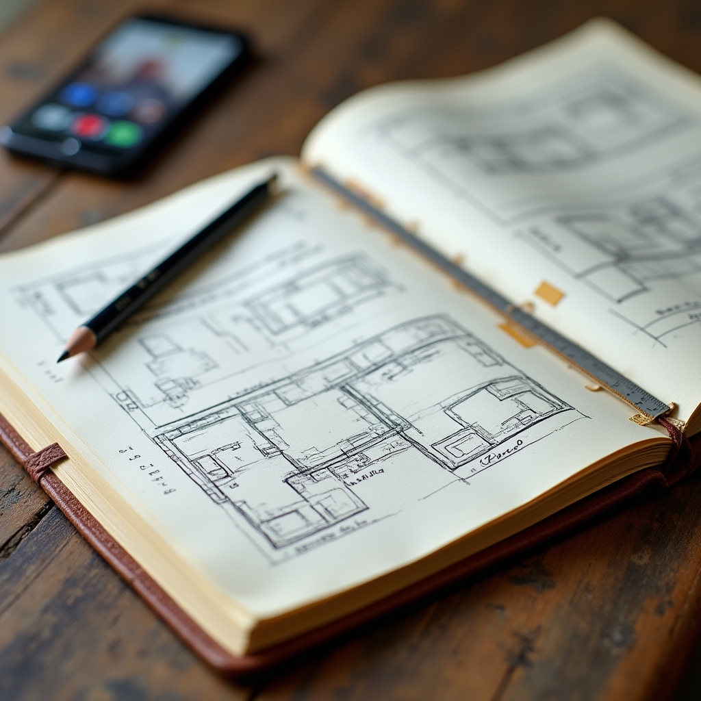 Blocco note con appunti dettagliati su procedure di trasloco, con schizzi di planimetrie e annotazioni operative in matita su sfondo di legno