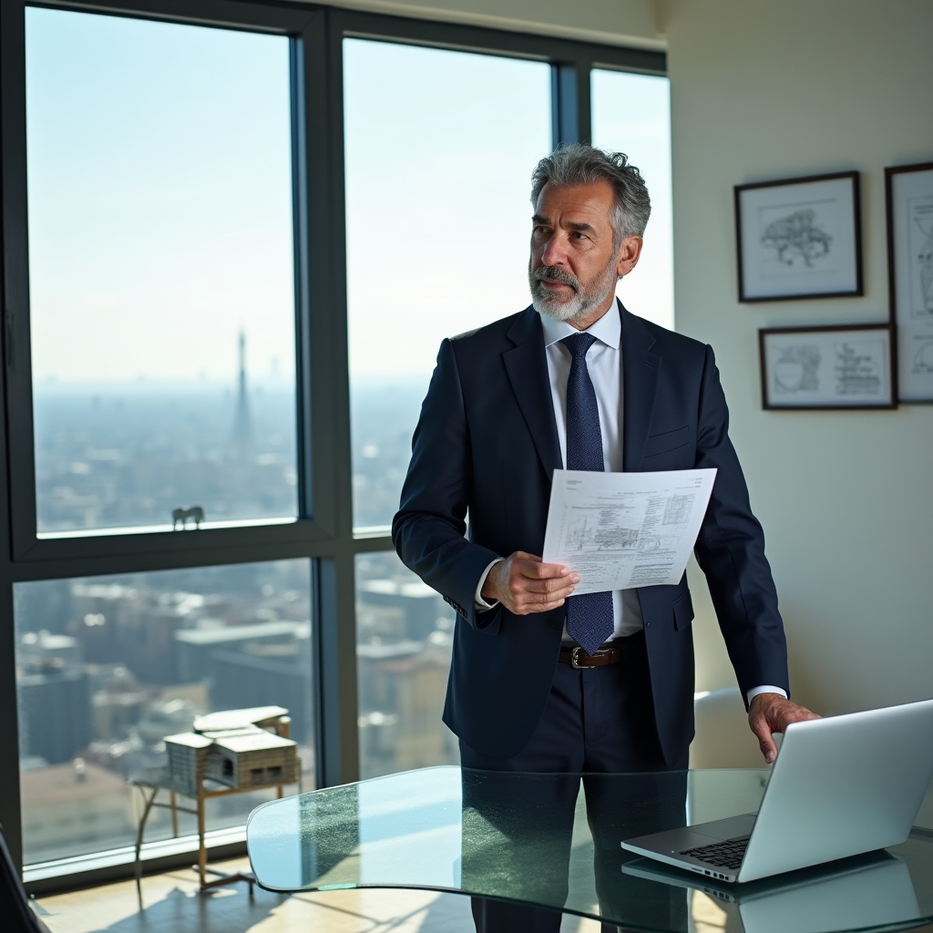 Professionista senior che analizza piani operativi in un ufficio moderno con vista sulla città di Milano, con documenti e laptop aperti