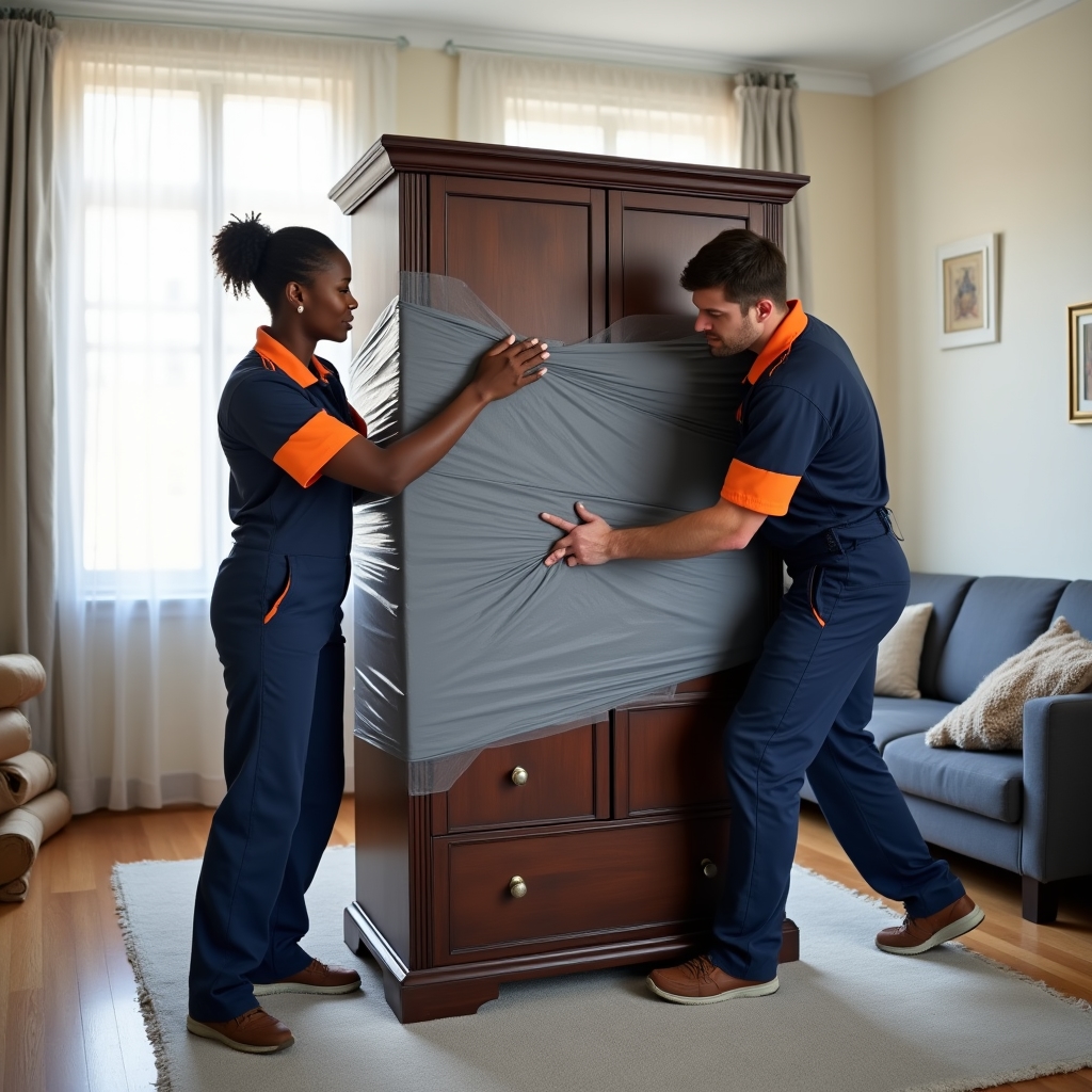 Operatori di trasloco che avvolgono con protezioni un mobile in legno prima del carico, in ambiente residenziale