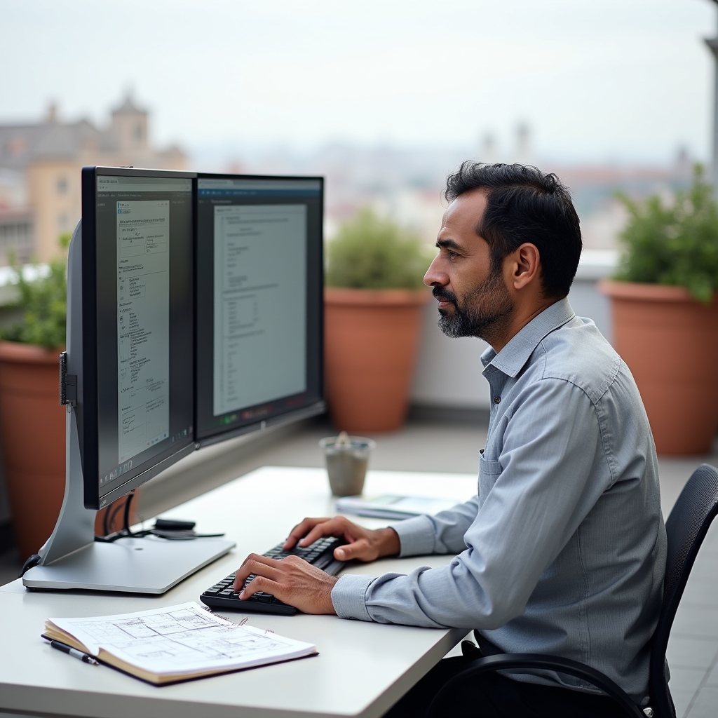Tecnico che raccoglie dati durante un sopralluogo virtuale su laptop, con schermo che mostra una videochiamata con il cliente