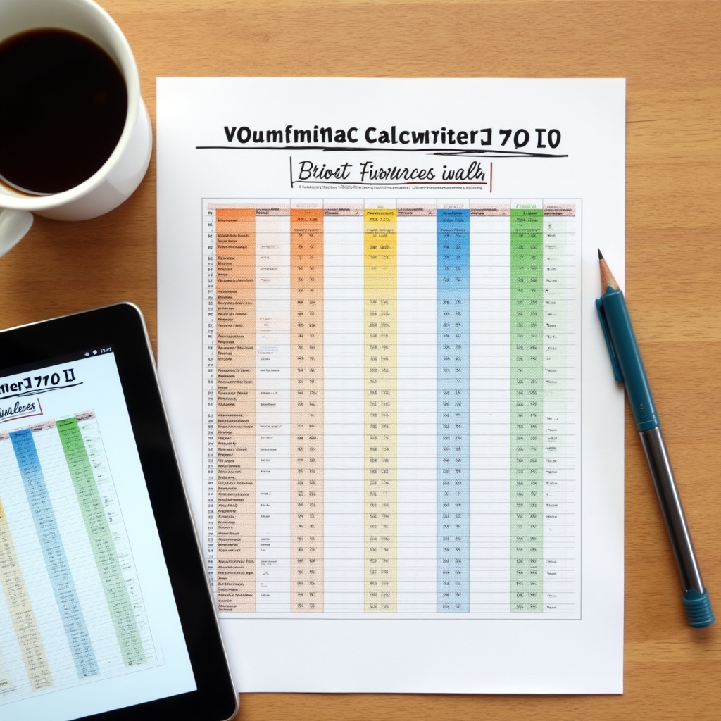 Schermata di foglio di calcolo con tabelle di stima volumetrica per mobili e oggetti di trasloco, con colori tecnici e formule visibili